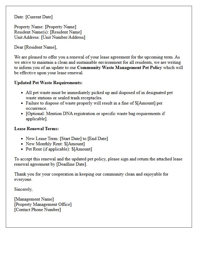 Community Waste Management Pet Policy Update Lease Renewal Letter
