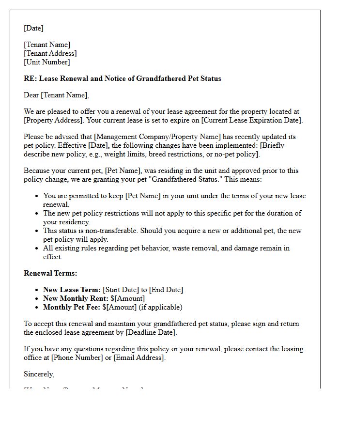 Grandfathered Pet Status Policy Update Lease Renewal Letter