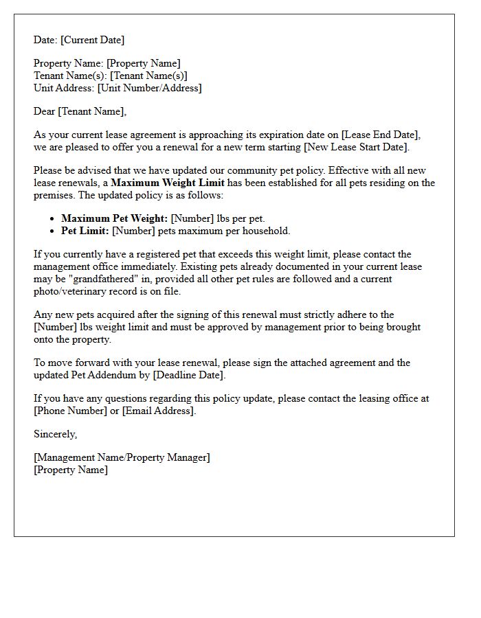 Maximum Weight Limit Pet Policy Update Lease Renewal Letter