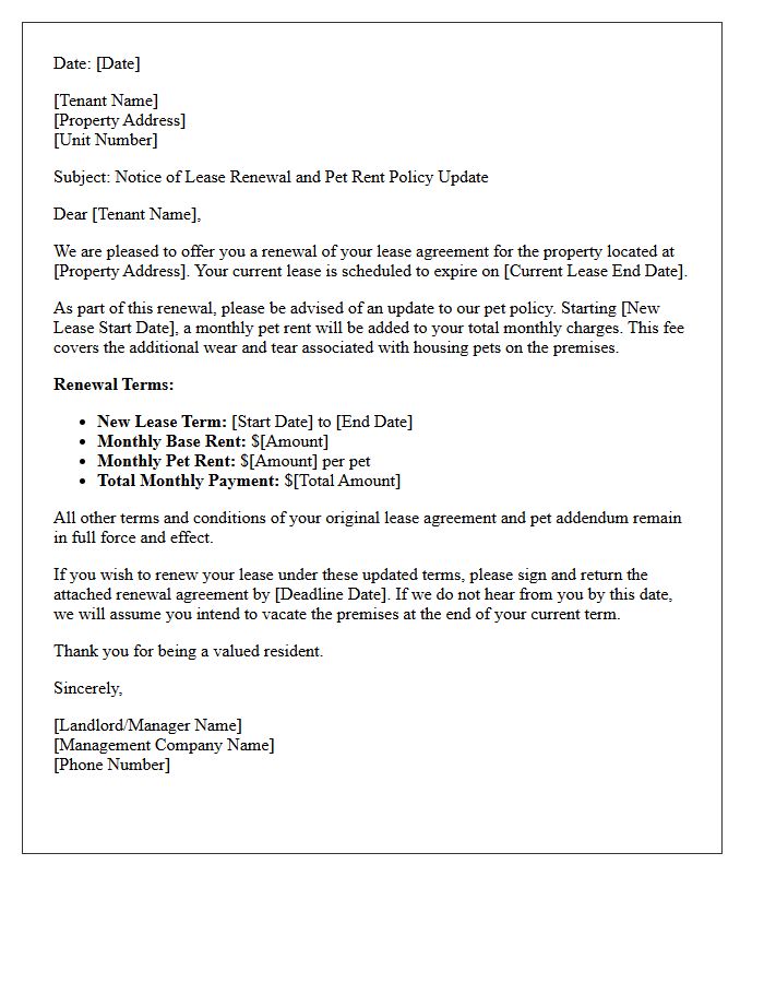 Monthly Pet Rent Addition Policy Update Lease Renewal Letter