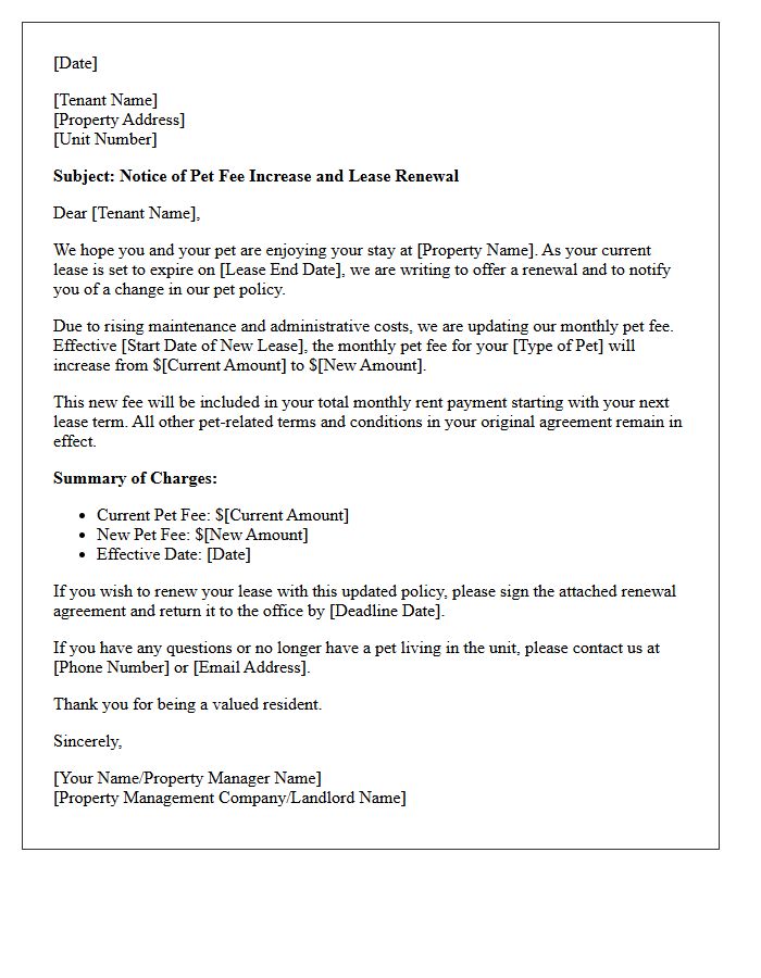 Pet Fee Increase Policy Update Lease Renewal Letter