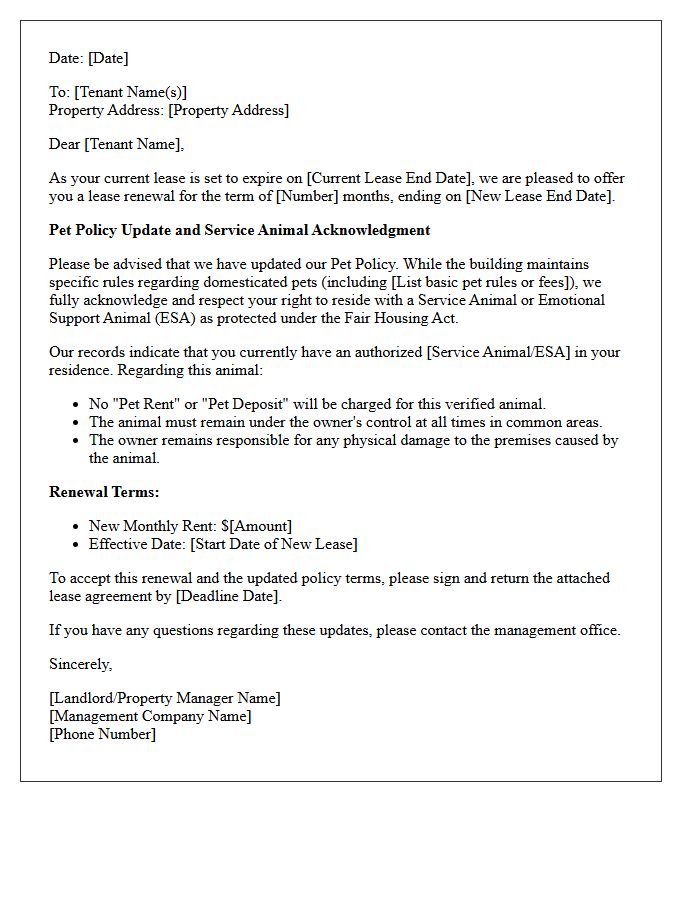 Service Animal Acknowledgment Pet Policy Update Lease Renewal Letter