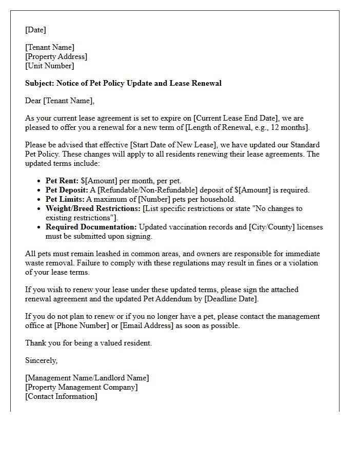 Standard Pet Policy Update Lease Renewal Letter