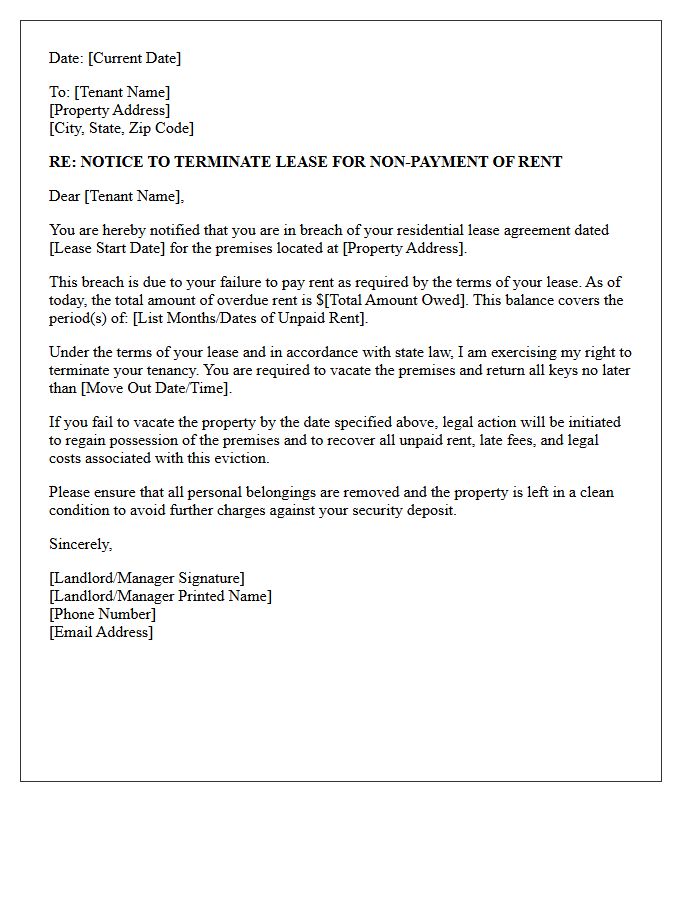 Breach of Lease for Unpaid Rent Termination Letter