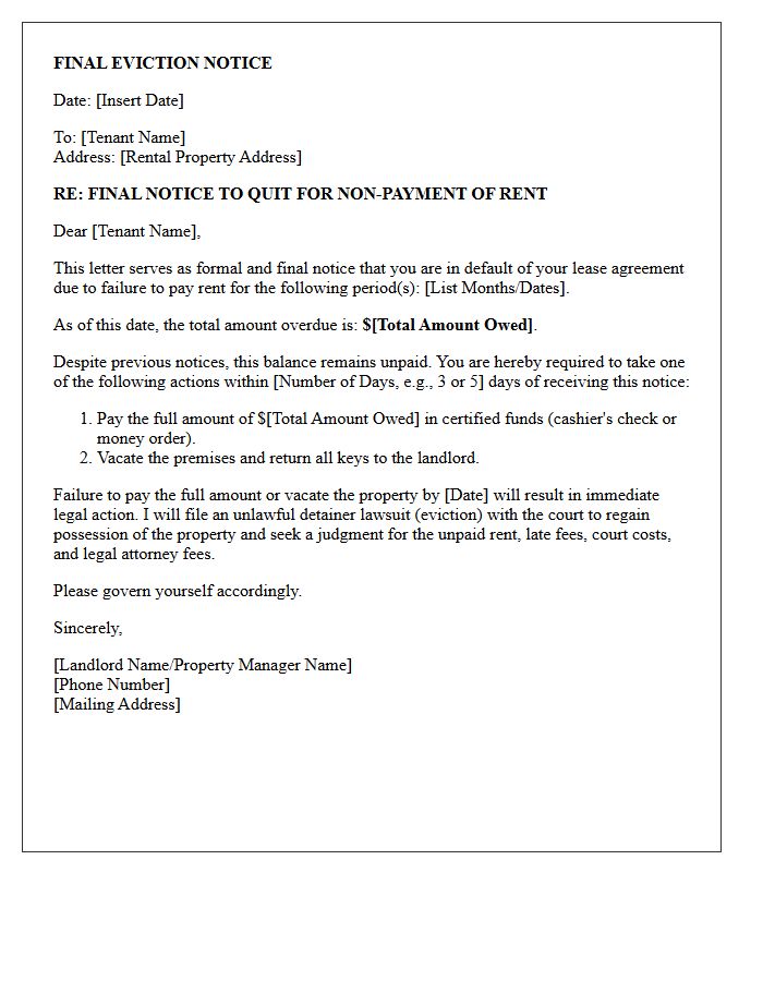 Final Eviction Notice for Unpaid Rent Letter