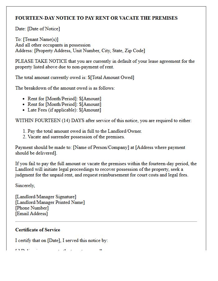 Fourteen-Day Notice to Pay or Vacate Letter