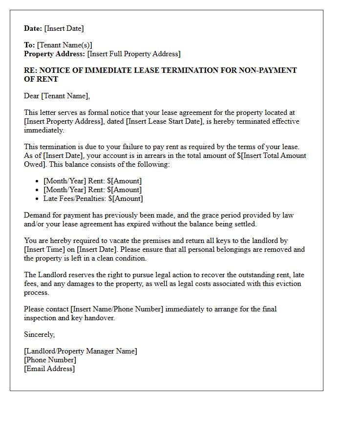 Immediate Lease Termination for Rent Arrears Letter