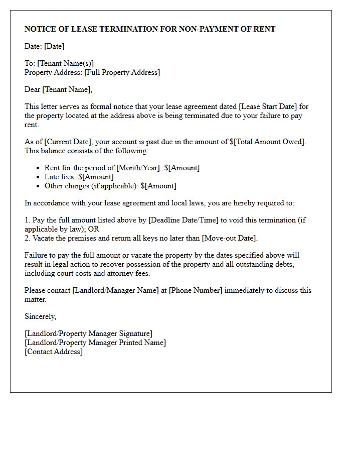 Notice of Lease Termination for Non-Payment Letter