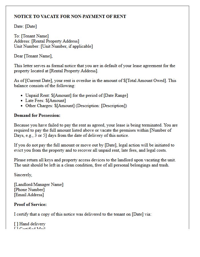 Notice to Vacate for Non-Payment of Rent Letter