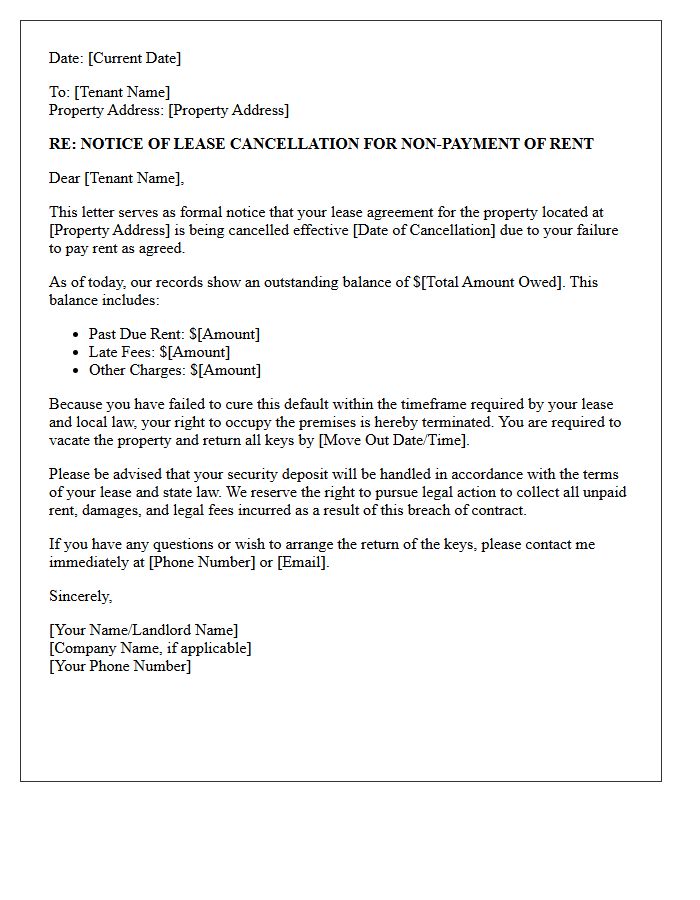 Past Due Rent Notice of Lease Cancellation Letter