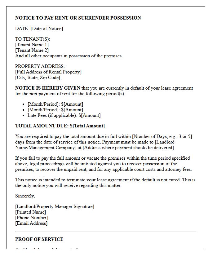 Residential Eviction Notice for Unpaid Rent Letter