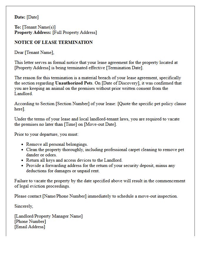 Lease Termination Letter for Keeping Unauthorized Pets on Property