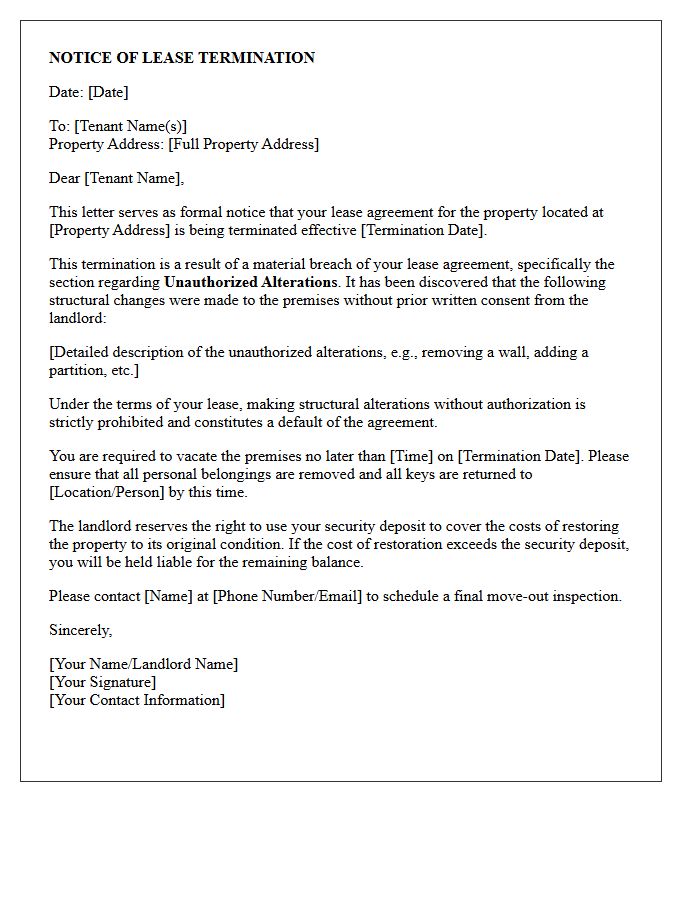 Lease Termination Letter for Making Unauthorized Structural Alterations