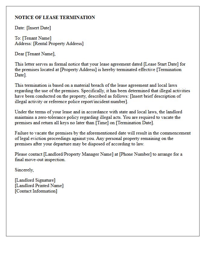Letter of Lease Termination for Conducting Illegal Activities on Premises