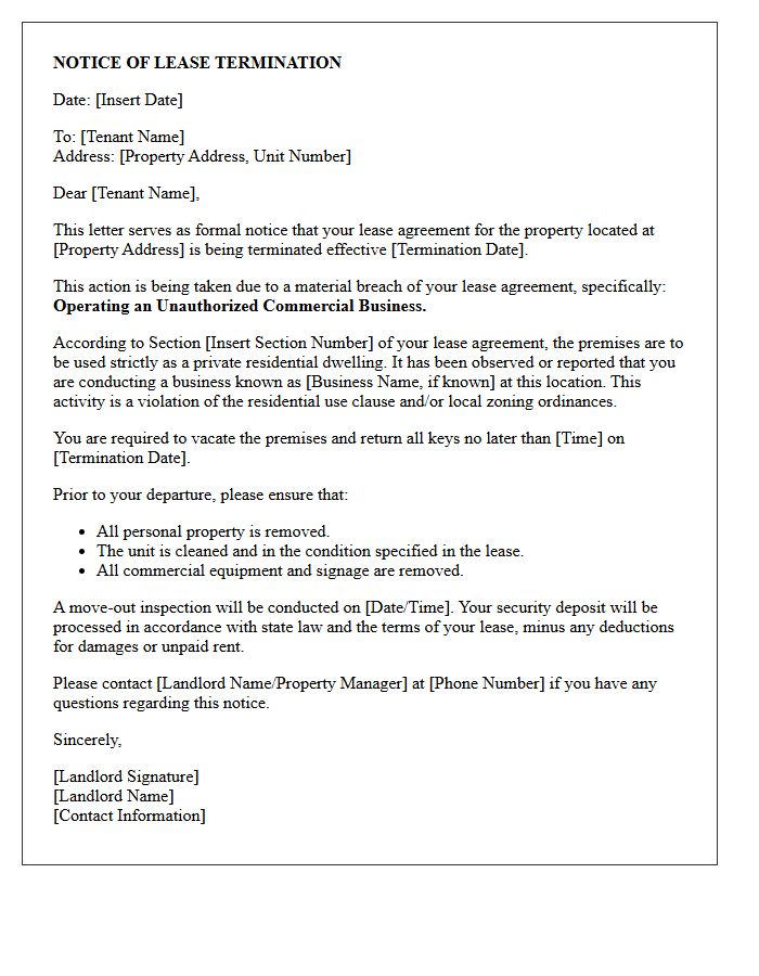 Letter of Lease Termination for Operating an Unauthorized Commercial Business