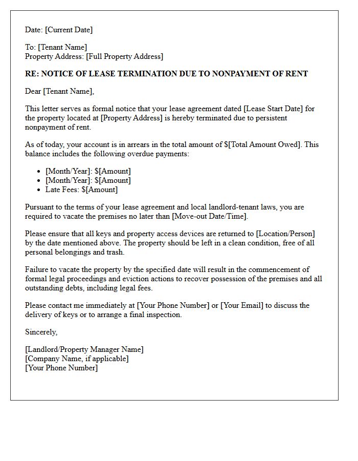Letter of Lease Termination for Persistent Nonpayment of Rent