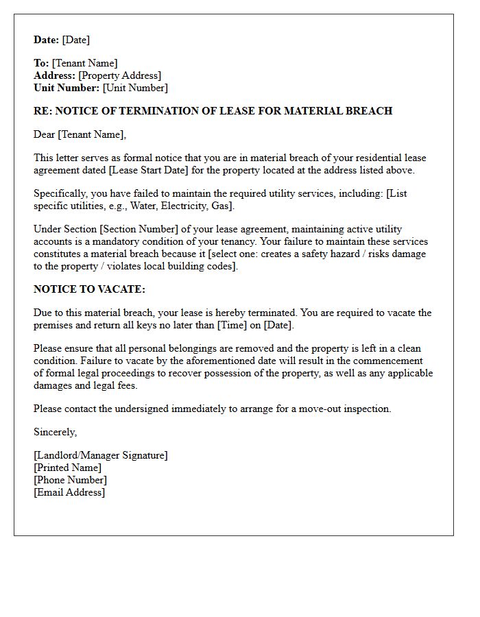 Material Breach Lease Termination Letter for Failure to Maintain Required Utilities