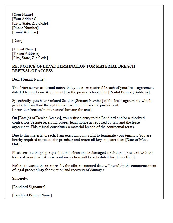 Material Breach Lease Termination Letter for Refusal of Landlord Access