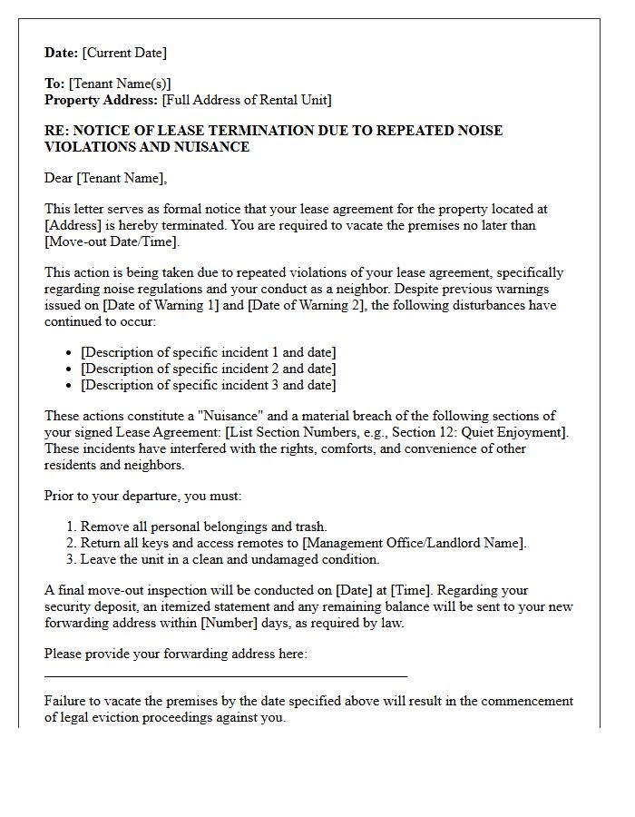 Notice of Lease Termination Letter for Repeated Noise Violations and Nuisance