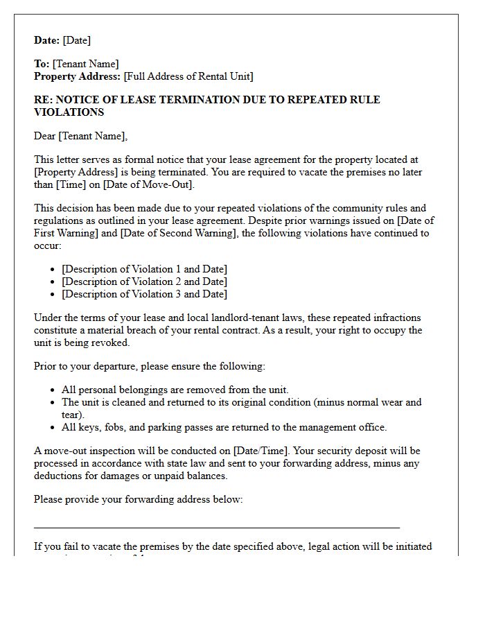 Notice of Lease Termination Letter for Repeated Violations of Community Rules