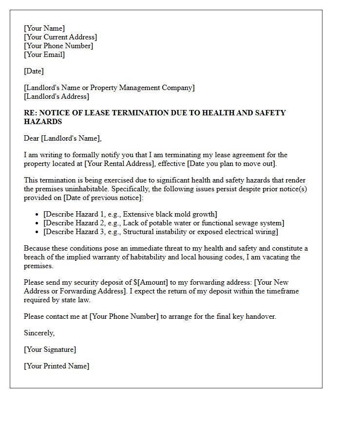Notice of Lease Termination Letter for Significant Health and Safety Hazards