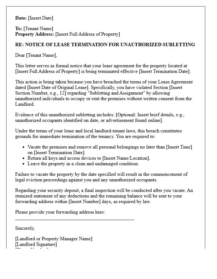 Notice of Lease Termination Letter for Unauthorized Subletting of Property
