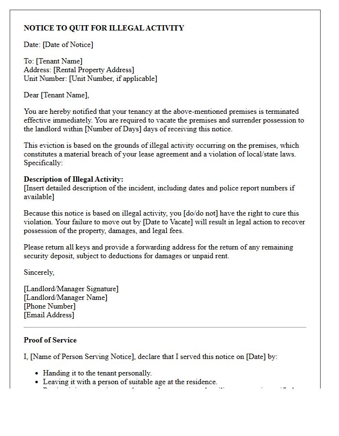 Eviction Notice Letter Due to Illegal Acts on Premises