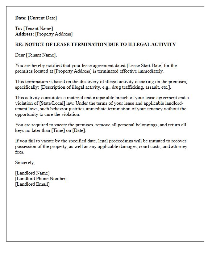Illegal Activity on Premises Lease Termination Letter