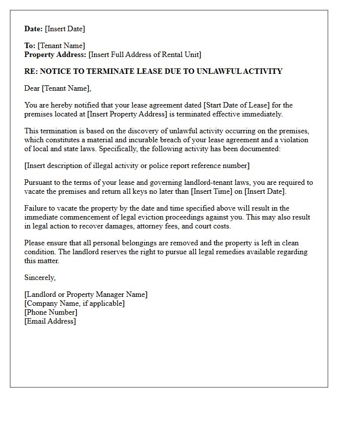 Lease Agreement Termination Letter for Unlawful Activity