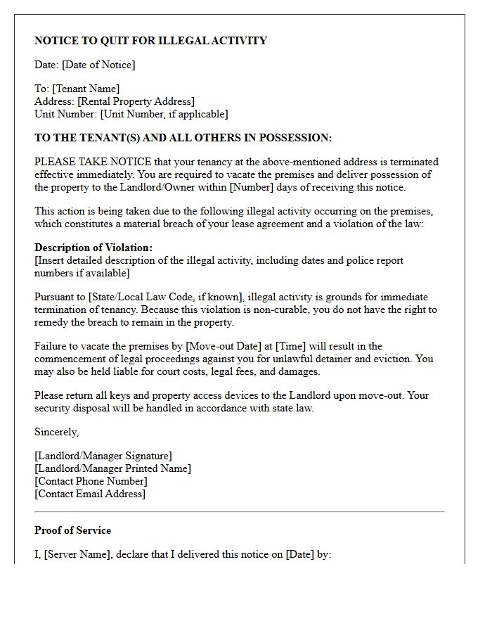 Notice of Eviction Letter for Illegal Activity Violations