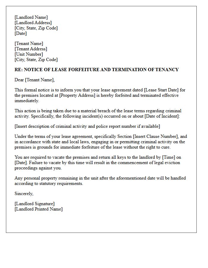 Notice of Lease Forfeiture Letter for Criminal Activity
