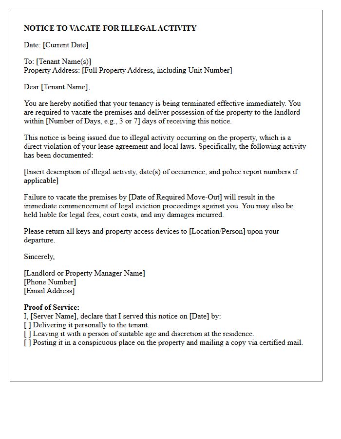 Notice to Vacate Letter for Illegal Property Activity