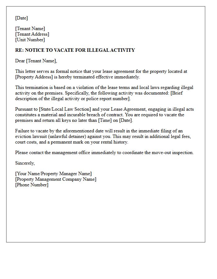 Property Management Letter for Illegal Activity Lease Termination