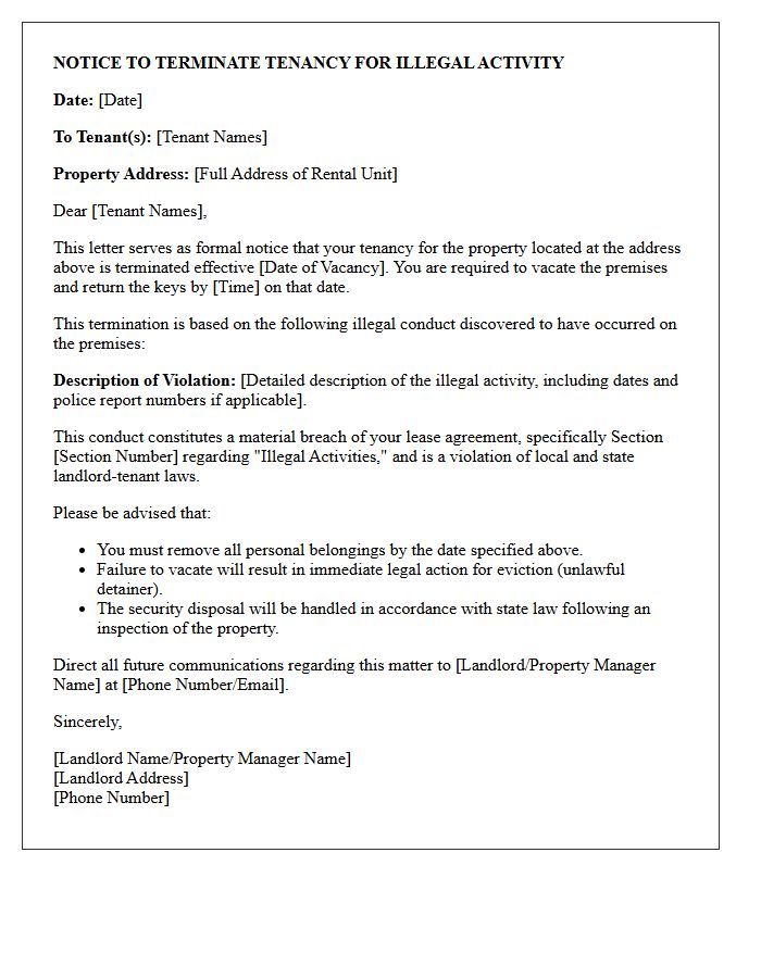 Termination of Tenancy Letter for Illegal Conduct on Premises