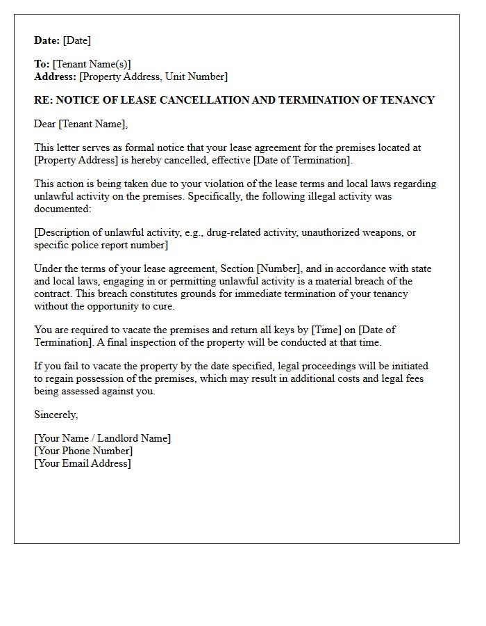 Unlawful Premises Activity Lease Cancellation Letter