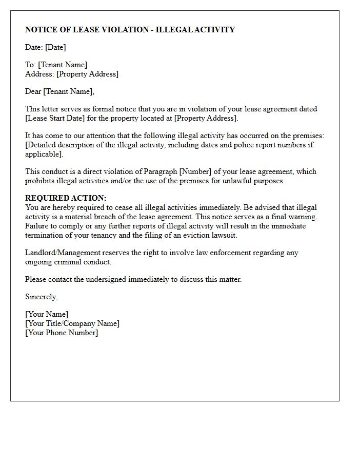 Violation of Lease Letter Regarding Illegal Property Activity