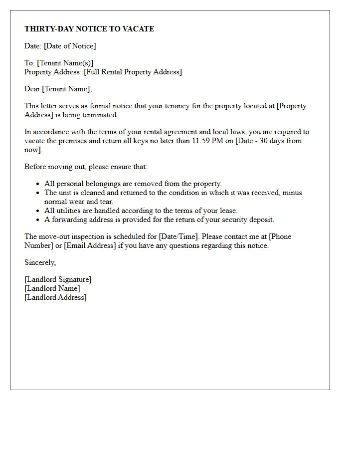 Landlord Initiated Thirty-Day Notice to Vacate Letter