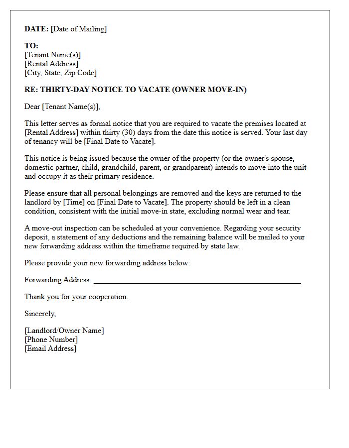 Owner Move-In Thirty-Day Notice to Vacate Letter