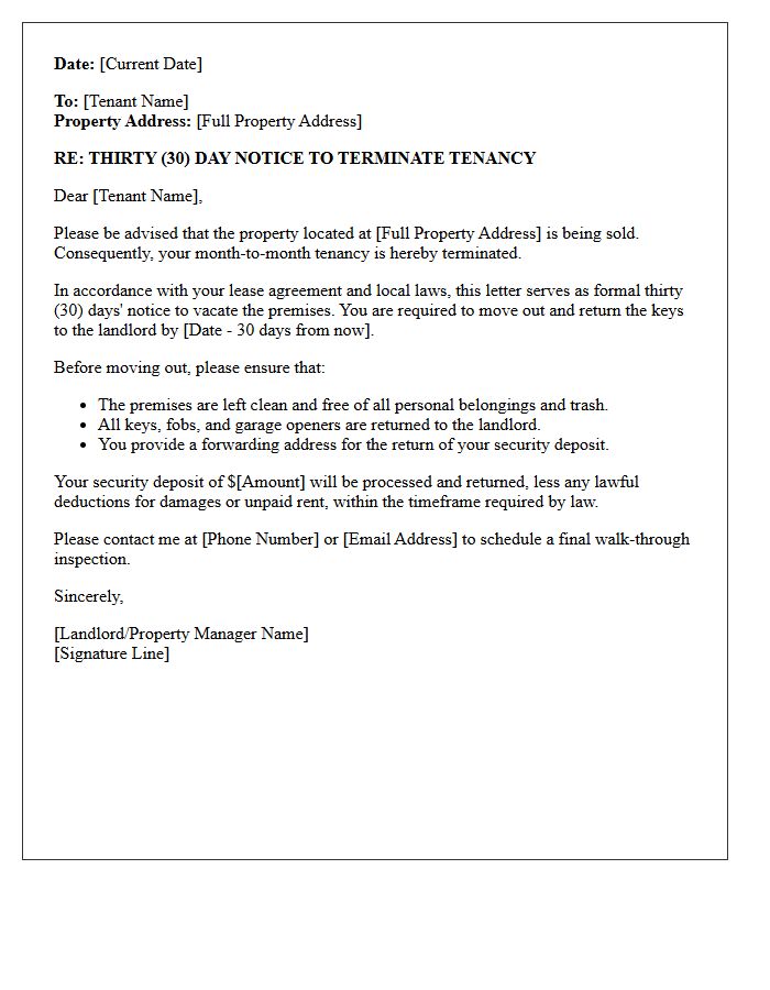 Property Sale Thirty-Day Tenancy Termination Letter