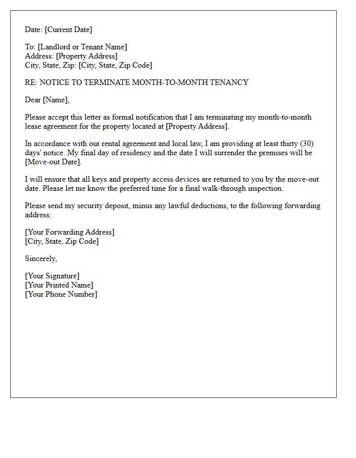 Standard Thirty-Day Month-to-Month Tenancy Termination Letter