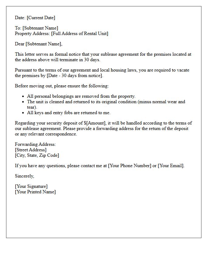 Sublease Thirty-Day Notice to Vacate Letter