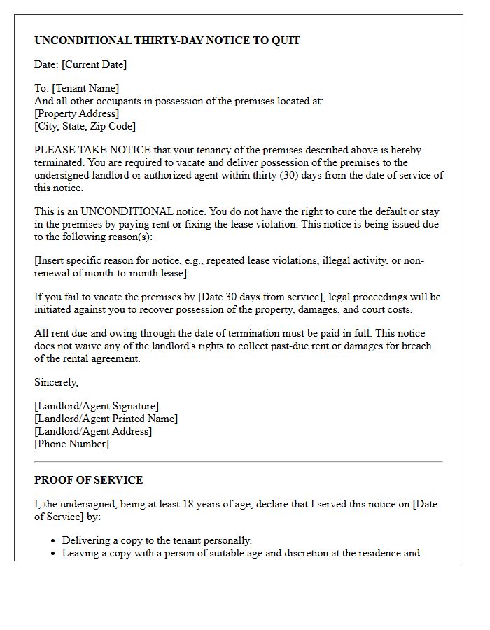 Unconditional Thirty-Day Notice to Quit Letter