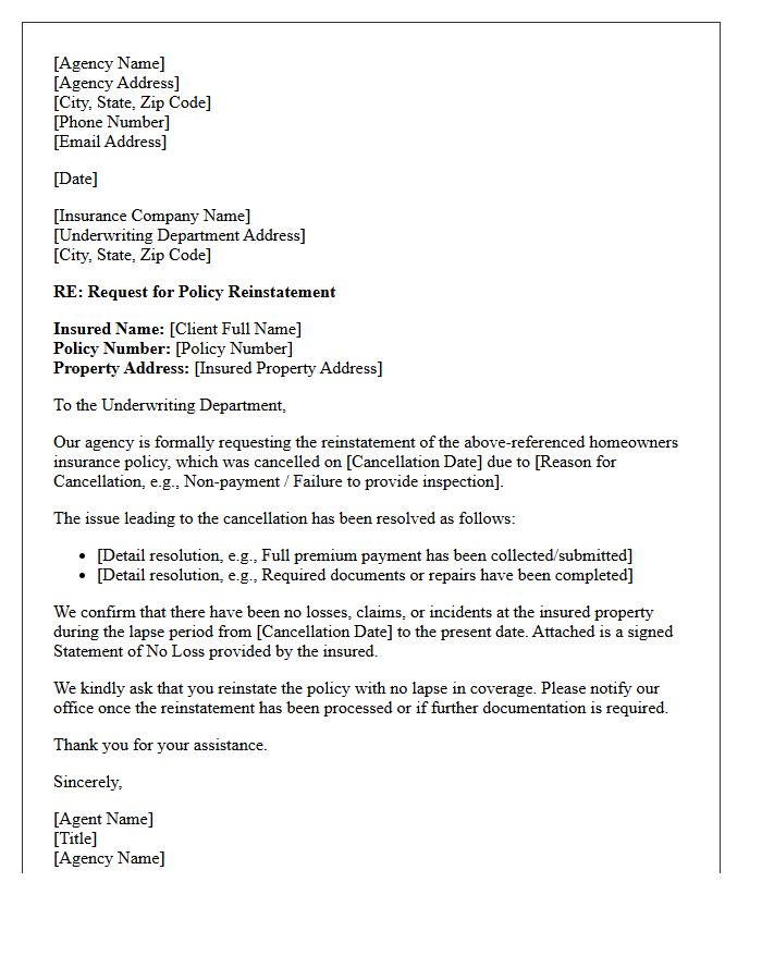 Agency Requested Homeowners Insurance Policy Reinstatement Letter
