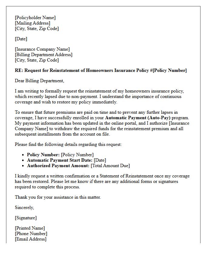 Automatic Payment Setup Homeowners Insurance Policy Reinstatement Letter