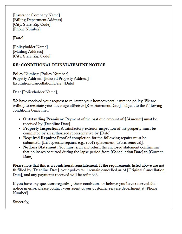 Conditional Homeowners Insurance Policy Reinstatement Letter