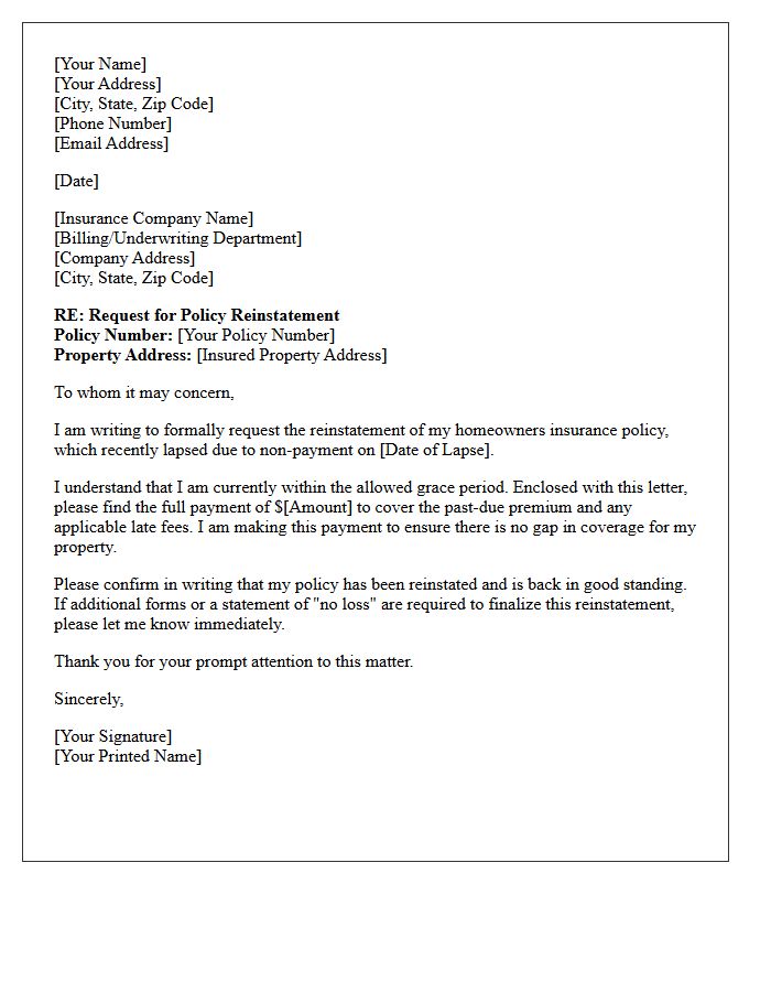 Grace Period Homeowners Insurance Policy Reinstatement Letter