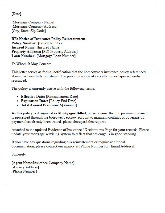Mortgagee Billed Homeowners Insurance Policy Reinstatement Letter
