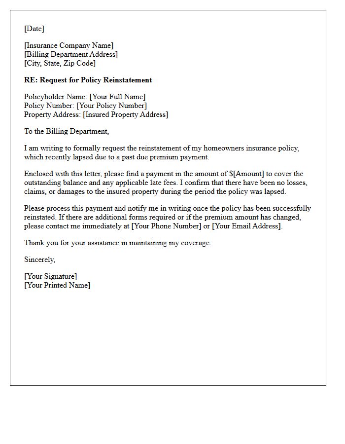 Past Due Premium Homeowners Insurance Policy Reinstatement Letter