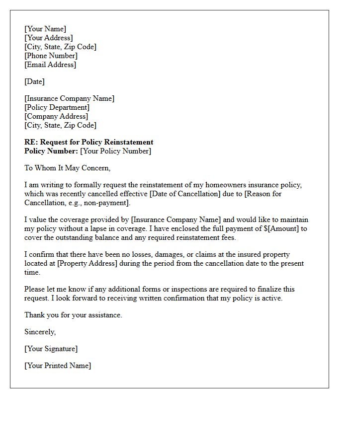 Post-Cancellation Homeowners Insurance Policy Reinstatement Letter