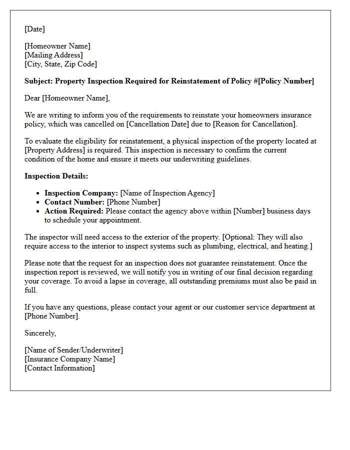 Property Inspection Required Homeowners Insurance Policy Reinstatement Letter
